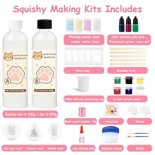 1DFAUL Squishy Liquid Silicone Making Kit, 17.6oz Squishy Gel Create Your Own Squishies, Bubble Free and Quick Dry, with Molds for Rabbit, Cat Paw, Cheese, Fun Stress Relief