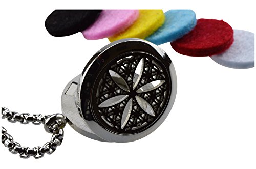 Flower of Life Essential Oil Diffuser Necklace Stainless Steel Locket Pendant with 24" Chain, oil, and pads in Gift Box