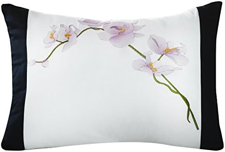 Back and White Decorative Standard Pillow 12" x 16" Embroidered with a beautiful Oriental Orchid, 100% Cotton Sateen Orient Sense 