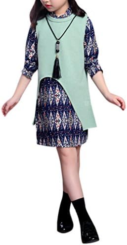 Bag2good Girls Retro 2 PCS Floral Knee Length Big Kids Dress with Black Necklace
