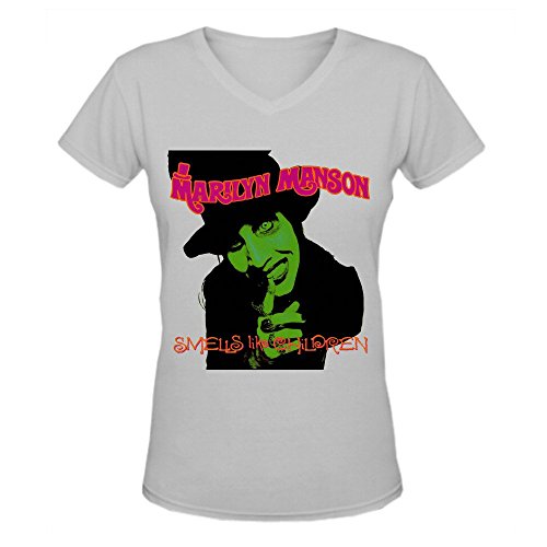 Marilyn Manson Smells Like Children Funny ladies V Neck Tee Shirts Grey