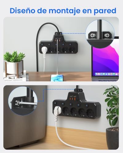 Regleta Enchufe Plano, Regleta 5 Tomas con USB C Carga Rápida PD20W, Negro