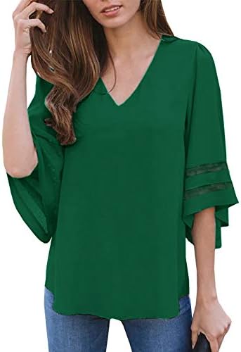 Umeko Womens V Neck Chiffon Blouses Tops Oversized Long Lantern Sleeve Pullover Shirts