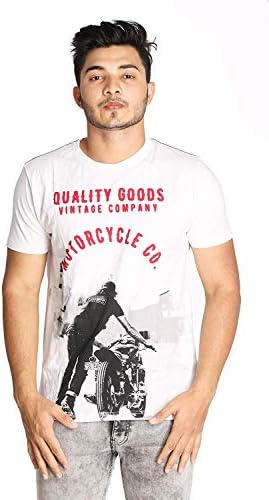 Men's Cotton Motor Cycle Bike Print White Casual Wear T Shirt [AMZ10]