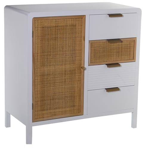 MUEBLE ENTRADA MADERA 4 CAJONES+PUERTA BLANCO/RATÁN 80X40X82CM, ABETO+DM+RAT┴N