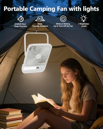 Nuerst 8000mAh Portable Travel Fan 7 inch, Max 28H Runtime, Rechargeable Battery Powered Desk Fan with LED Lantern, 180° Rotate Ultra-thin Silent USB Fan for Camping Bedroom Cruise RV (White)