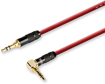 Oxygen Free Copper (OFC) 3.5mm Auxiliary Audio Cable, Jack to Jack, 90 Degree Right Angle for Smartphones ,Tablets, Speakers,Cars,Home Audio System and More, Gold-Plated, 1.5M(5ft) – Red-DeluxeKabel