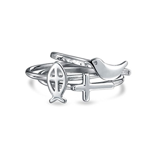 Religious Peace Dove Bird Ichthys Jesus Fish Side Ways Cross Stackable 1MM Knuckle Midi Ring Set 925 Sterling Silver