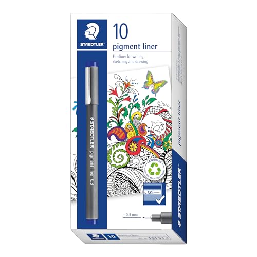 STAEDTLER 308 03-3 Pigment Liner Fineliner Pen for Writing & Technical Drawing - Blue, 0.3mm (Box of 10)