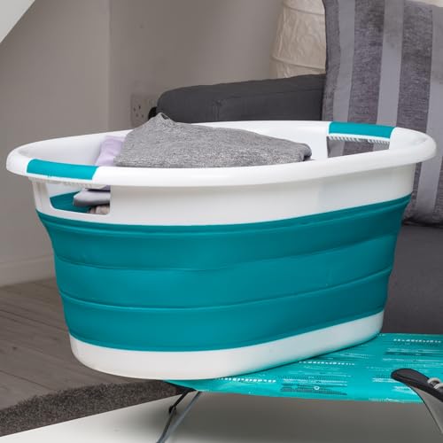 Beldray LA034816TQ Foldable Oval Basket - with Durable Plastic Handles, 37L Capacity, Turquoise, Lightweight, Space Saving Solution, Laundry Basket, Foldable Laundry Basin