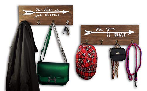 Spiretro Set of 2 Wall Mount Plaque with 4 Hooks and Arrow Sign Inspirational Words, Coat Hat Bag Rack, Leash Key Holder, 16.5 inch for Entryway Hallway Closet Bathroom Kids Room, Vintage Solid Wood