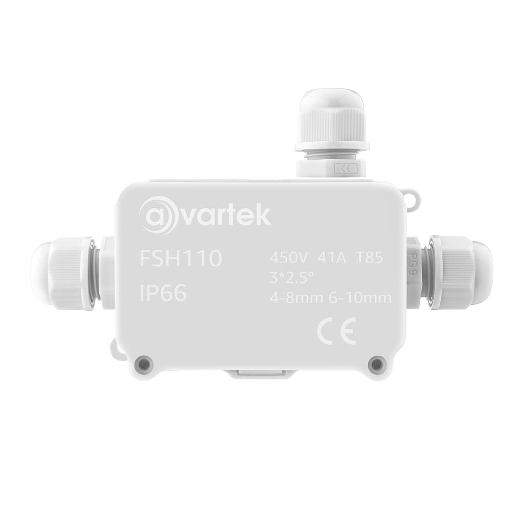 AVARTEK - IP66 Junction Box Waterproof, 3-Way Outdoor Extension Electrical Cable Protector, PG9 Connector Gland, Cable Diameter Ø 4mm-8mm (White)
