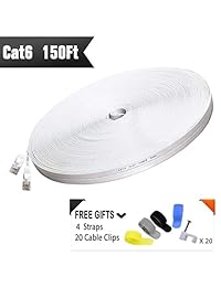 Cat 6 cable de Ethernet 150 ft Blanco (a un precio CAT5e pero mayor ancho de banda) CAT6 cable de red plano Internet   -ordenador LAN Cables Patch Cable   de largo con cable clips y correas