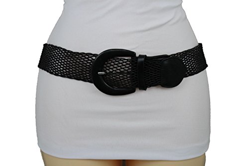 TFJ Women Fashion Braided Fabric Belt Waist Hip Casual Black Faux Leather S M