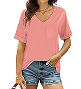Bofell Womens V Neck Rolled Short Sleeve T Shirts Casual Summer Tops Tshirts with Pocket
