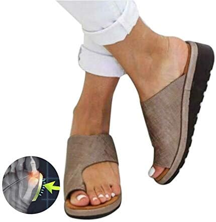 Big Toe Foot Correction Sandal with Orthopedic Bunion Corrector Bronze PU Comfy Platform Flat Sole for Women,6.5