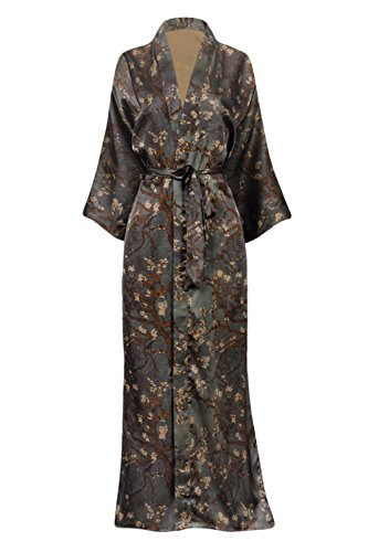 Old Shanghai Women's Kimono Robe Long - Watercolor Floral, Yurina- Slate, One Size