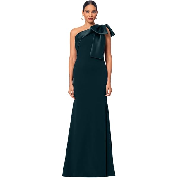 Amazon.com: Betsy & Adam Women's One-Shoulder Satin Bow Maxi Dress with  Hidden Back Zipper, Pine, 10 : Clothing, Shoes & Jewelry