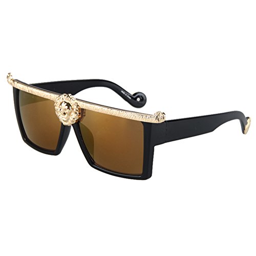 Dollger Square Flat Top Thick Plastic Super Dark Gangster Luxury Sunglasses 57mm(Brown Mirror Lens+Gold Frame)