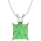 Clara Pucci 2 cttw Green Simulated Diamond White Gold-Plated Silver Necklace and Pendant for Women (18" Box Chain,Princess Cut,7.0mm)