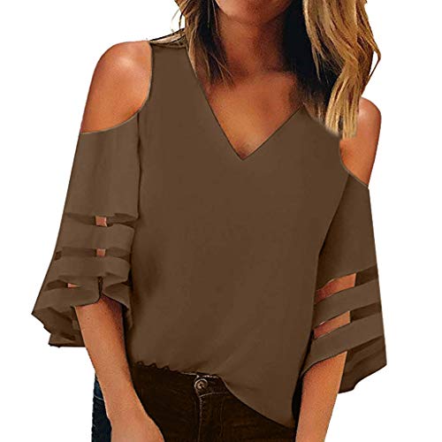 Finedayqi  Woman Dress,Women Button V Neck Mesh Panel Blouse 3/4 Bell Sleeve Loose Top Shirt CO/XL Coffee