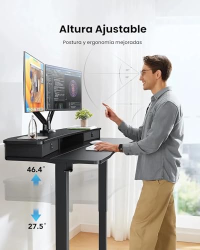 Escritorio Elevable,Escritorio Altura Ajustable con 2 Cajones, Escritorio de Ordenador Ajustable en Altura, Escritorio de Pie para Oficina en Casa con 4 Alturas Preestablecidas y 2 Ganchos(Negro)