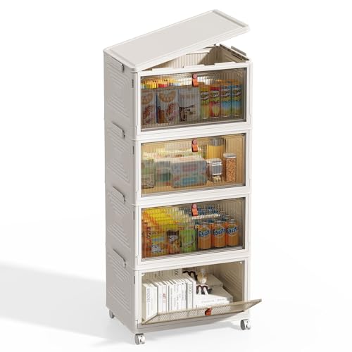NETEL Plastic Storage Boxes, 47L 4 Units Storage Box with Lid, Plastic Folding Box, Stackable Storage Box with Wheels, Suitable for Bedrooms, Living Rooms and Kitchens