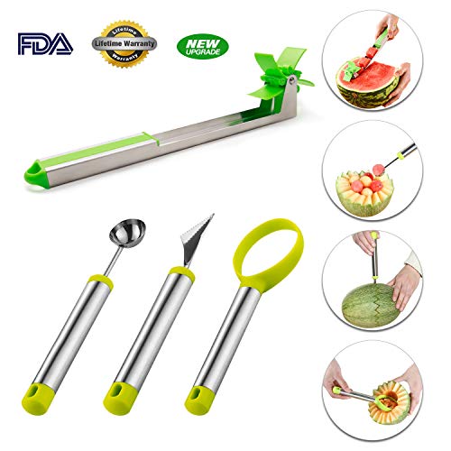 4 Pack Fruit Slicer Carving Set, Stainless Steel Watermelon Windmill Slicer Corer Cutter Knife Tongs & Fruit Scoop Dig Pulp Separator & Melon Baller Scoop and Fruit Carving Knife - Thumbnail 7