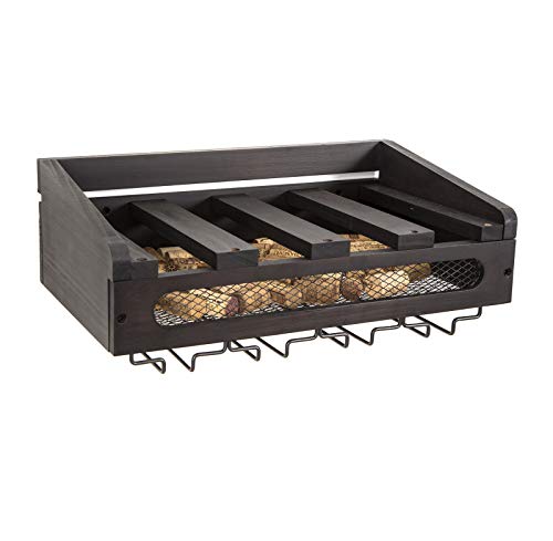 SODUKU Wall Mounted Wooden Wine Rack 4 Wine Bottles and 4 Long Stem Glasses Holder Wine Cork Storage Rack Espresso