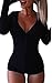 Moxeay V-Neck One Piece Bodysuit Long Sleeve Bodycon Rompers Small Black