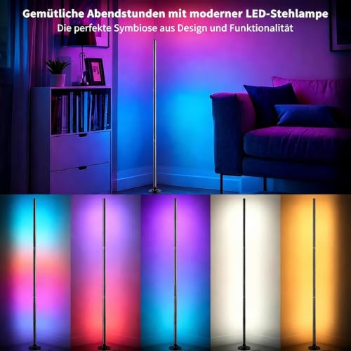 Aogled RGB Floor Lamp Dimmable 120 cm with App and Remote Control | 16 million colours, music sync, removable corner lamp, DIY mood light