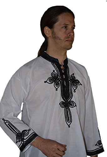 Marrakesh Men Tunic Caftan With White Tread Embroidery Breathable X-large White&Black - Image 5