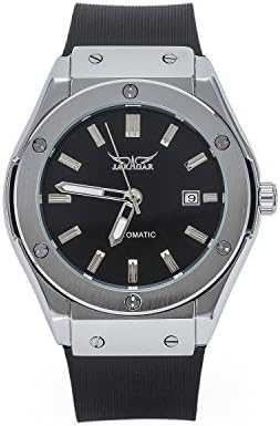 SOAO Mens Automatic Mechanical Wristwatch Rubber Strap Stainless Steel Dial With Date Display-Black