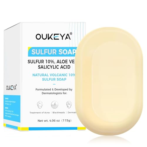 OUKEYA Sulfur Soap for Face and Body with 10% Sulfur, 2% Salicylic Acid, Sulphur Soap Bar with Goat Milk & Tea Tree Oil Hydrating Aloe & Hyaluronic Acid