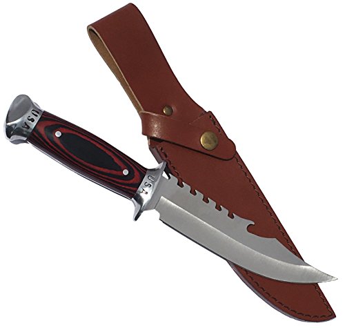 USA Combat Bowie Hunting Knife w/ Leather Sheath, Pakkawood Handle, & Razor Sharp 420 SS Rust Free Full Tang Fixed Blade (Leather Sheath) By eT