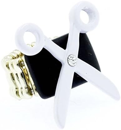 White Scissors Stretch Ring G7 Hair Stylist Clear Crystal Black Light Gold Tone
