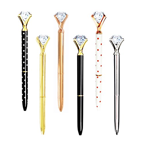 Youyuan 6 Pcs Diamond Ballpoint Pen Rose Gold Pens with Big Rhinestones Crystal Metal Ball-Point Bling Pen for Stylish Fancy Office Supplies, 12 Black Refillable Ink, 6 Different Colors