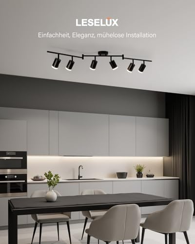 Leselux LED Ceiling Spotlight 6 Bulbs, Modern Ceiling Light Spotlight, Black, Ceiling Light Spotlights, Swivelling, Metal Spotlight Bar Ceiling Spotlight GU10 for Living Room, Bedroom, Kitchen (Bulb Not Included)