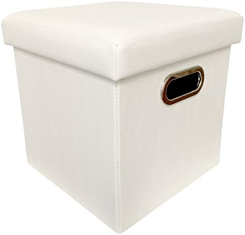 ZHICHEN Ottoman with Storage, Cube Basket Bins, Foot Rest Seat, Folding Leather Organizer or Coffee Table, Clutter Toys Collection, with Hand Buckle Quick Assembly Easy Carry (White)
