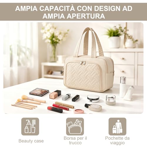 Kono Women's Large Travel Cosmetic Bag, Makeup Bag, Wide Opening, Makeup Bag and Accessories, Waterproof, beige, Minimalist