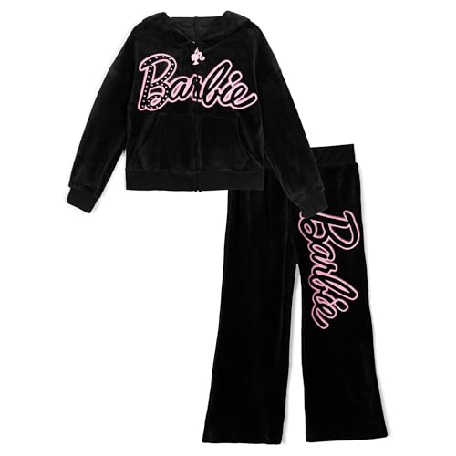 Barbie Girls Velour Drop Shoulder Zip Up Hoodie and Flare Pants Outfit Set Toddler to Big Kid Sizes (2T - 14-16)