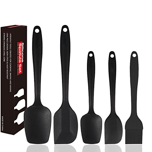 Silicone Spatula Set | 5 Versatile Tools Created For Cooking, Baking And Mixing | One Piece Design, Non- Stick & Heat Resistant | Strong Stainless Steel Core - Black
