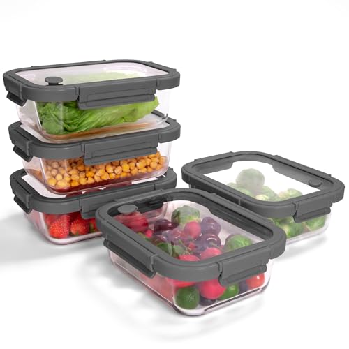 BOROHOUSE 5-Pack Borosilicate Glass Containers with Tempered Lids, 35.2oz/4.4 Cup Airtight Meal Prep Set, Microwave/Freezer Safe (Gray)