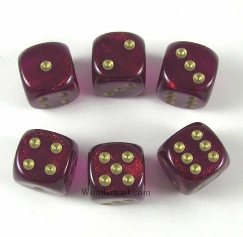 Magenta Borealis With Gold Pips 16mm D6 Dice Set of 6 Wondertrail WCX27624E6