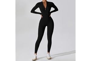 Women's Zip-Up Long Sleeve Workout Jumpsuit, Sexy Bodycon One-Piece Romper Bodysuit for Gym Yoga Running Training