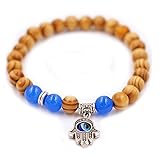 Energy Stone Mala Bracelets - Hand of Fatima (Hansa) Bracelets - Wooden Bracelet with Blue Stones