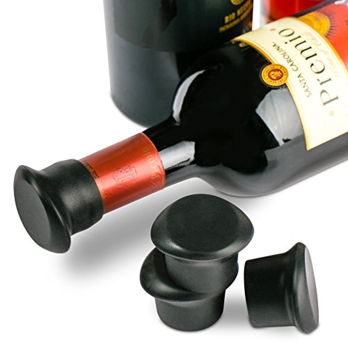 Silicone Wine Stoppers (6 pieces, Black) - Durable Silicone Rubber Beverage Preserver that is Guaranteed Spill and Leak Proof, Reusable Wine Saver with Vacuum Seal
