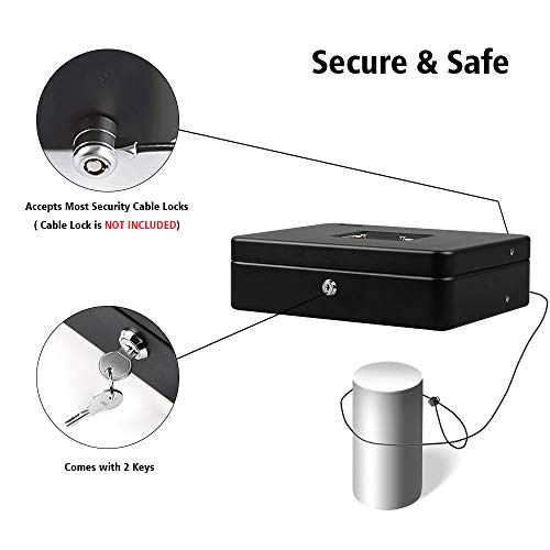 LIANTRAL Cash Box, Large Size Money Box with Lock and 5 Compartment Tray, 4 Spring-Loaded Clips for Bill(11.8" x 9.5" x 3.5"), Black - Thumbnail 2