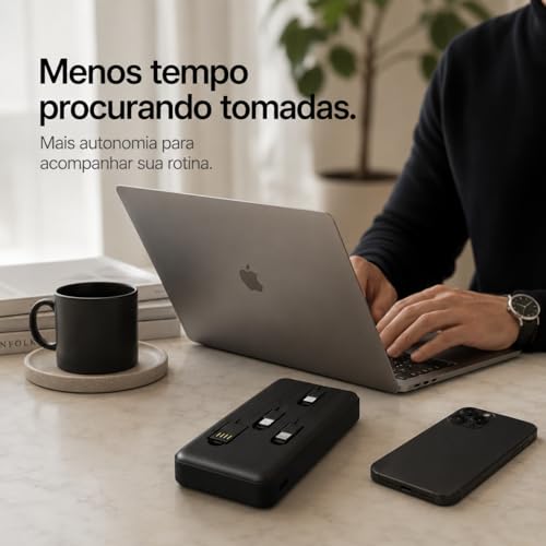 Power Bank Carregador Portátil Universal 20000mAh com Cabos Integrados USB-A, USB-C (Type-C), Micro-USB e USB-Light Carregamento Rápido Bateria Externa Compacta para Celular Android iOS(preto)