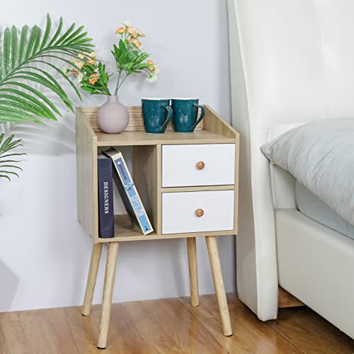 Bedside Table with Storage Drawers Mid Century Modern Nightstand with